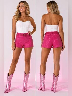 Prissy Jane Hot Pink Rhinestone Shorts Y2K Barbiecore Festival Rave Belted